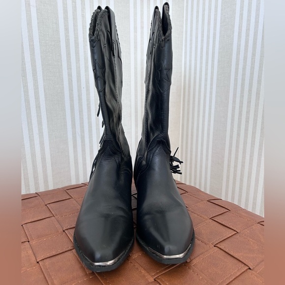 Vintage ACME Black Western Leather Fringe Cowboy Boots Women’s Size 7 Steel Tip - Picture 3 of 10